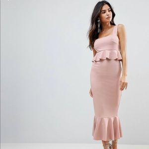 ASOS square neck ruffle front midi bodycon dress